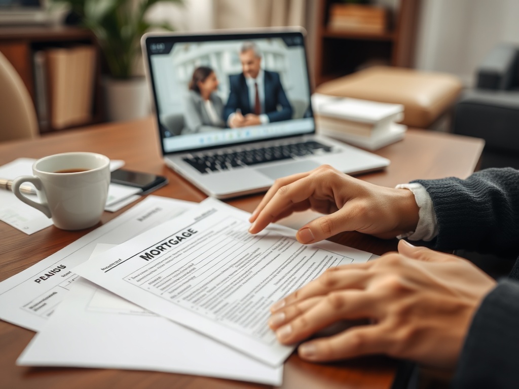 Человек оформляет ипотечный договор, рядом компьютер и чашка кофе на столе.