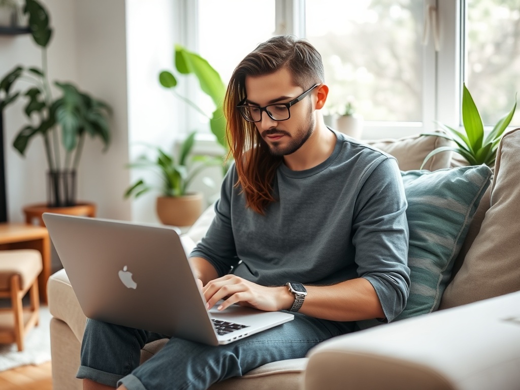 Молодой человек в очках работает на ноутбуке в уютной комнате с растениями и мягкой мебелью.