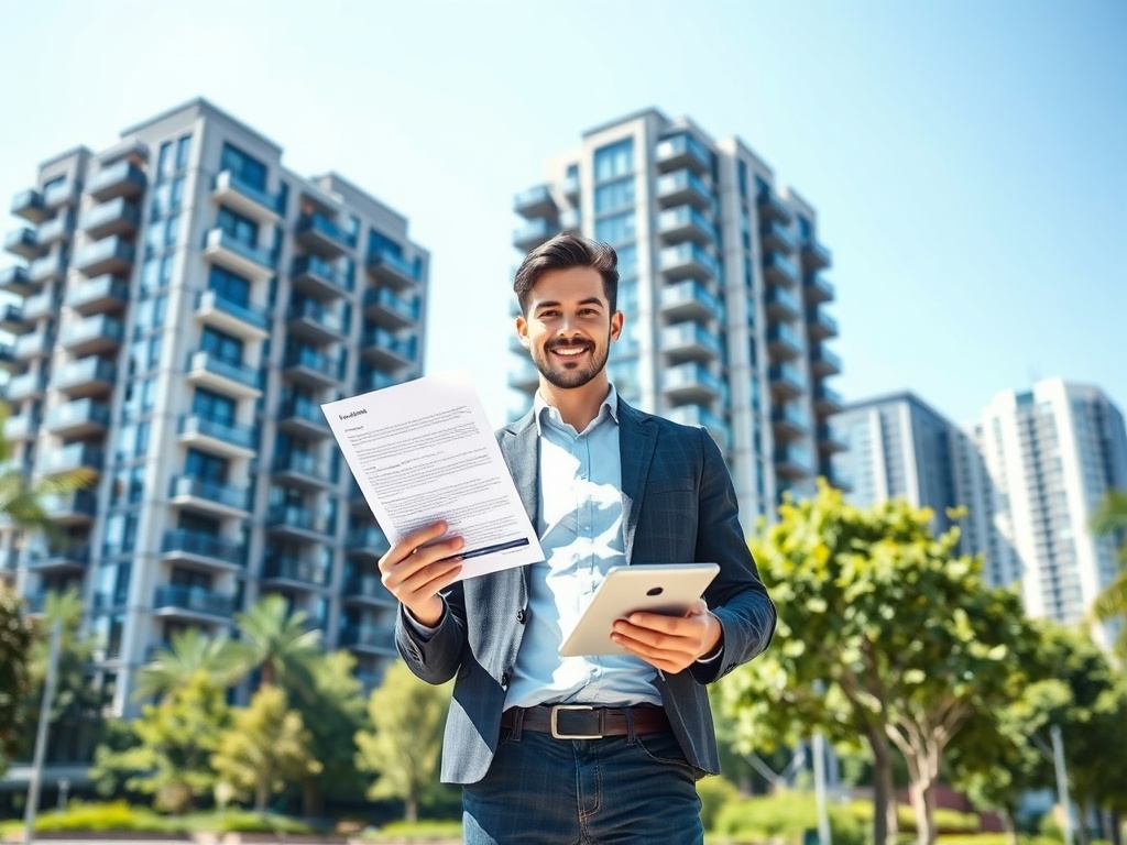 Молодой человек с документами и планшетом на фоне современных зданий. Яркое солнце, зеленые деревья.