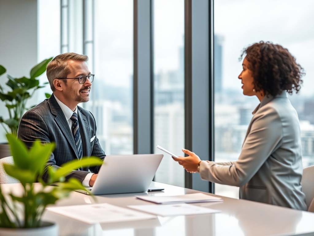 Два человека в деловой обстановке обсуждают документы у окна с видом на город.