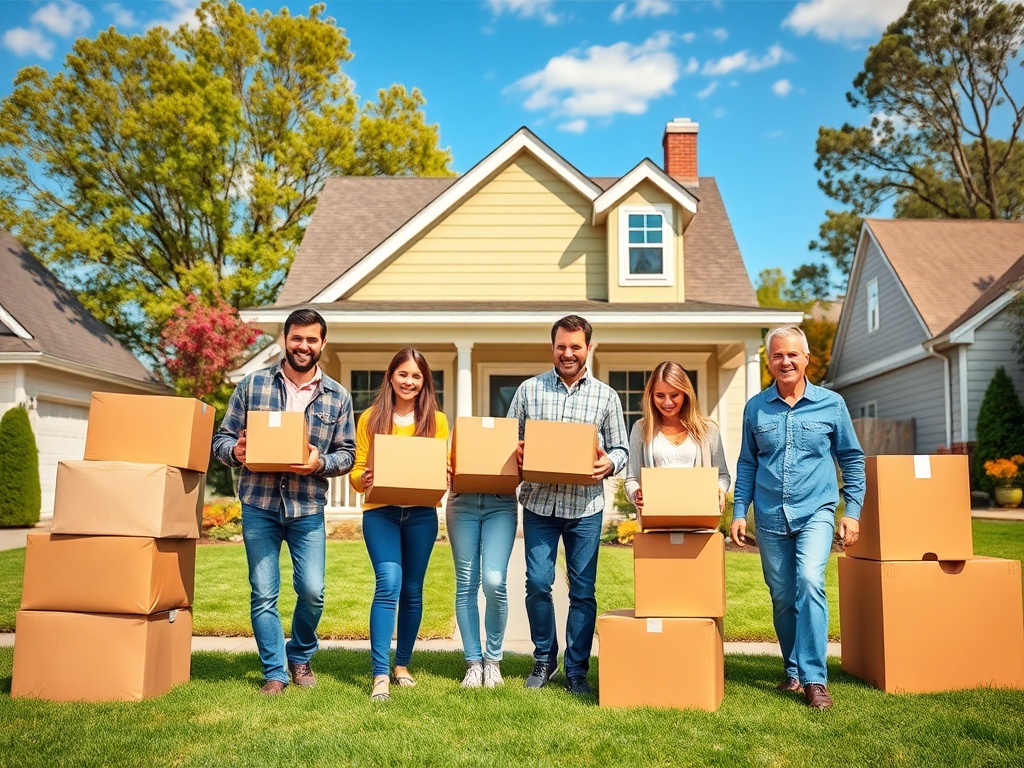 На картинке группа людей с коробками на фоне дома и зеленого двора. Все выглядят счастливыми и дружелюбными.