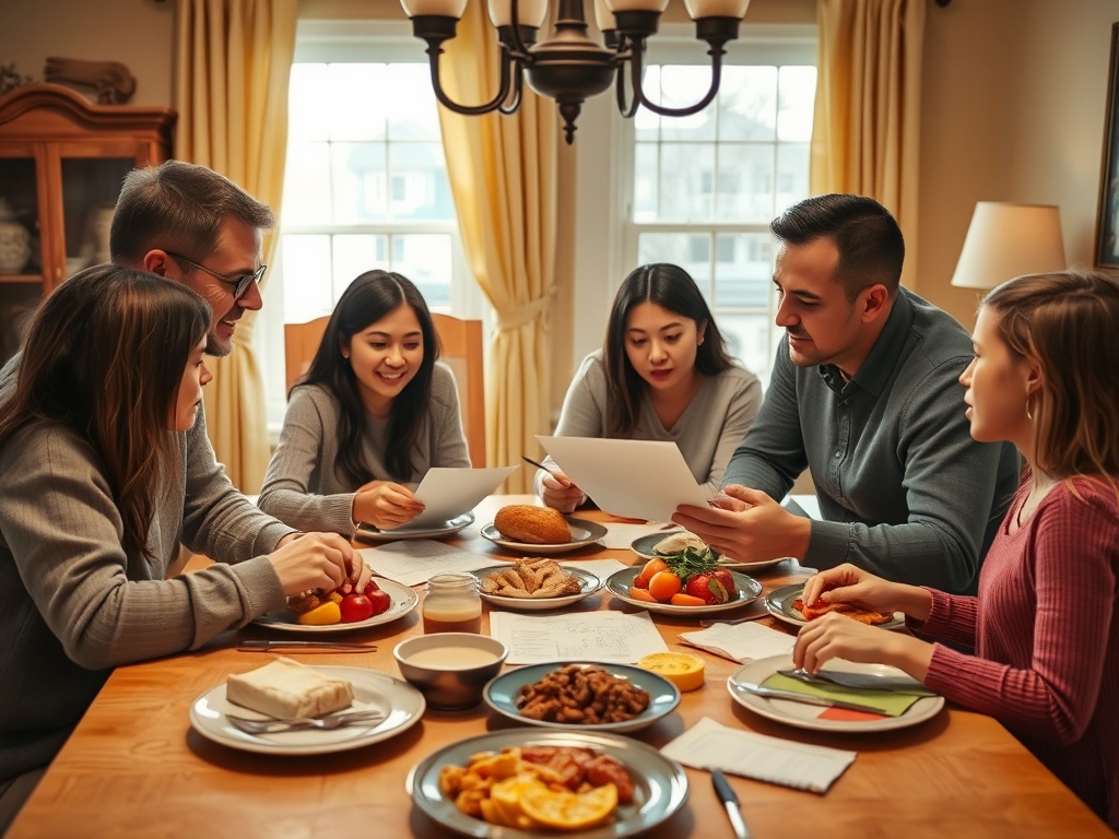 Шестеро людей в светлой комнате за столом, обсуждают документы среди блюд с едой.