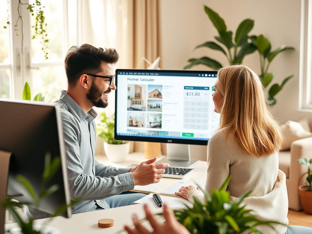 Мужчина и женщина обсуждают проект перед компьютером с калькулятором для дома на экране.