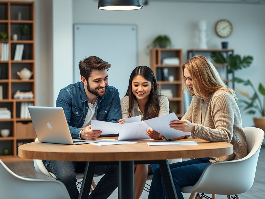 Трое молодых людей обсуждают документы за круглым столом в светлом офисе. На столе ноутбук и листы бумаги.