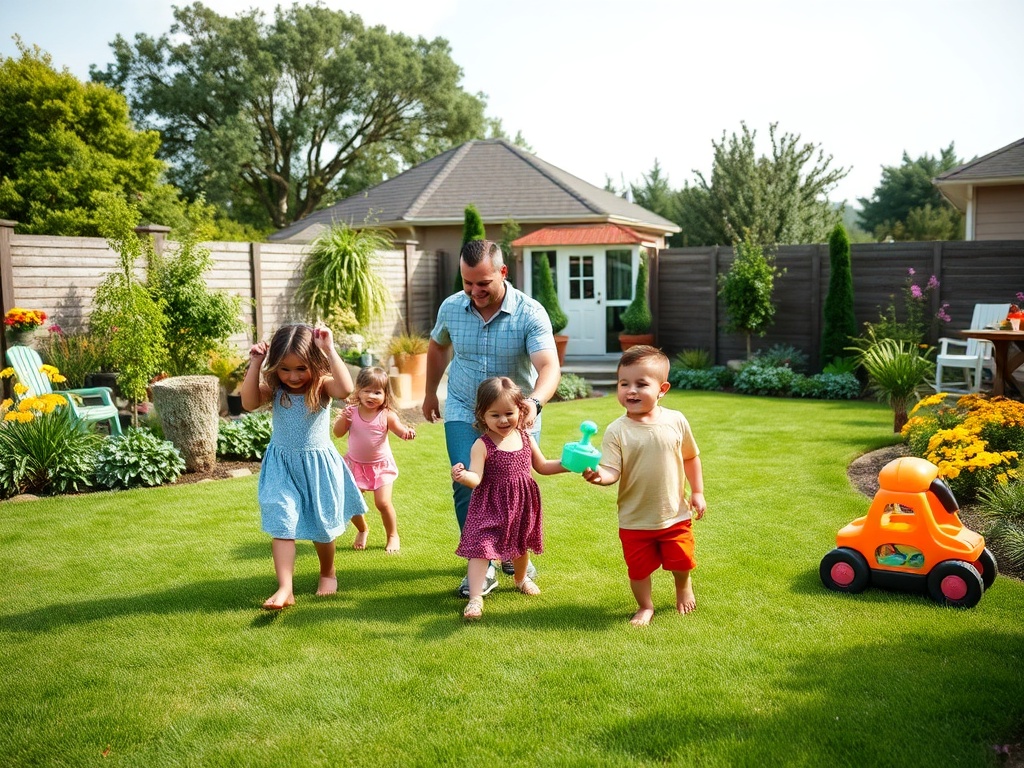 На изображении папа играет с детьми в ярком саду, все бегут по зеленому газону и радуются.
