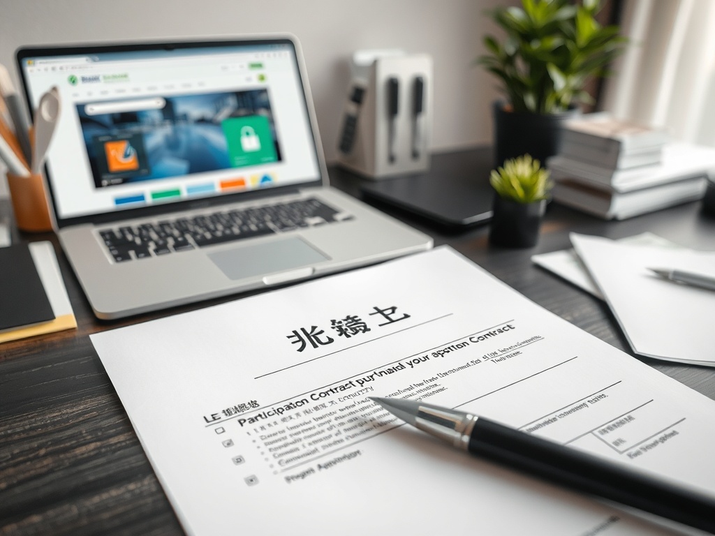 На столе лежит документ с контрактом и рядом laptop, шрифт на бумаге на китайском языке.