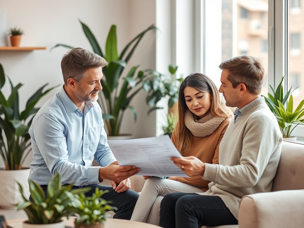 Трое людей обсуждают документы в уютной комнате, окруженной зелеными растениями и большим окном.