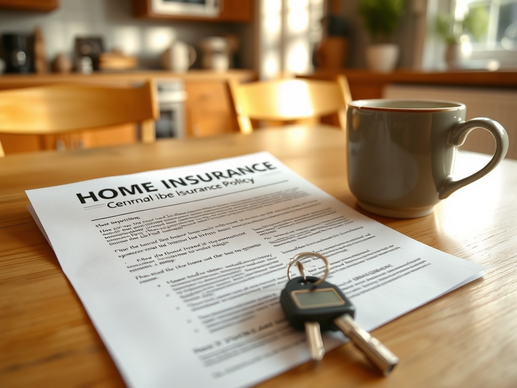 Документ о страховании жилья на столе рядом с чашкой кофе и ключами от дома. Интерьер кухни.